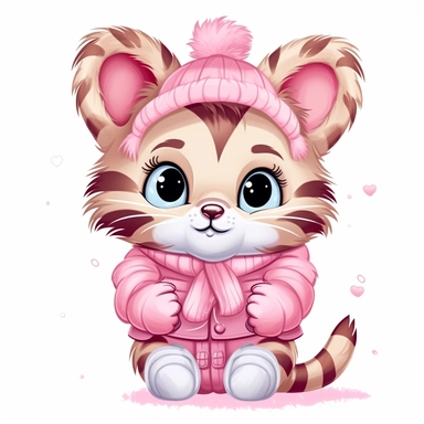 kawaii a very cute cuddly eyes happy tiger wearing a pink coat giving out heart's clipart Easter spring bunny scrapbooking Crafton digital paper white background