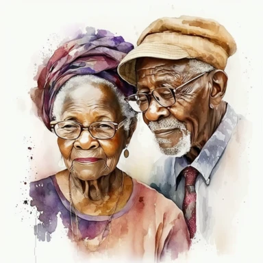dark skin old couple Watercolor clipart white background