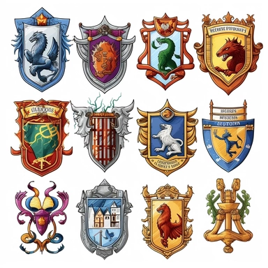 clip art of the house crests from harry potter, cartoon style, white background
