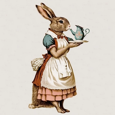 Side Profile Bunny Maid Wearing Apron holding Tea Cutlery Illustration, 1920s Illustration, Vintage, Antique, Ephemera, Clipart, 8k, Isolated on white
