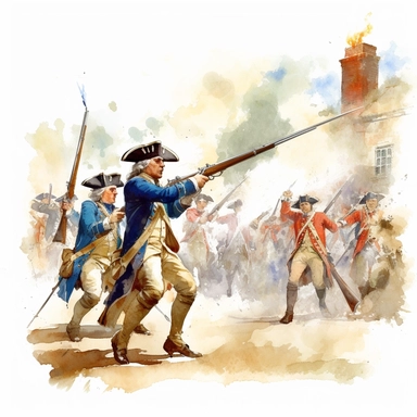 water color illustration,colorful Battles of Lexington and Concord, artistic clipart, high detail, vivid color, British soldiers vs Militia of Boston Massachusetts in 1775 (scene in action)