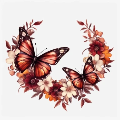 maroon butterfly on a flower border clipart, white background, watercolor, vector
