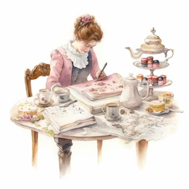 watercolor, hyper realistic, white background, white margins, 16k, ultra detailed clipart, cut out image, hand-drawn, whimsical a Victorian person writing a letter with a quill pen at a table set with a tea set and pastries, with a color scheme of soft pink and cream