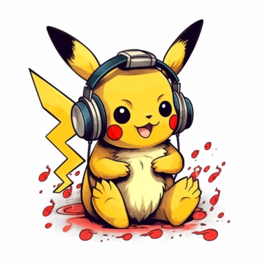 clip art Pokemon Pikachu listening to classical music with Headphones, flat design, simple, adorable, children's illustration, cartoon, white solid background, no outline, white background, black border