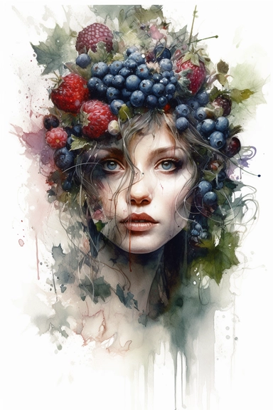 watercolor mixed media overgrown with flowers and raspberries and blueberries and moss beautiful witch, masterpiece by Ryohei Hase, PNG clipart, isolated on white, extreme photorealistic details, 32k HD resolution, realistic high detailization high resolution