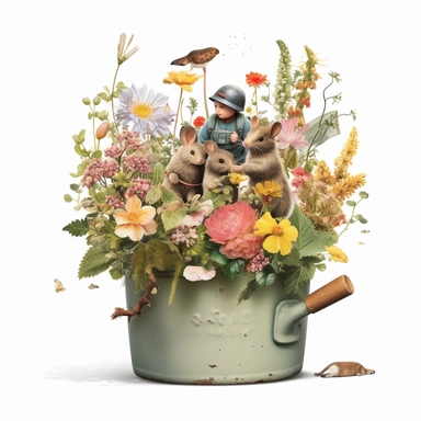 Capture a charming commercial moment with a beautifully detailed, ultra-realistic illustration of a lovables [hunters prepared] half hidden over a pot of nice flowers, backgroundof a nice and floral farm, creating an endearing scene ideal for nursery-style clipart and baby room décor. Isolated on a clean white background, this highly-detailed, award-winning artwork