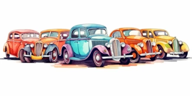 Adorable old cars in a line clipart, intricate details, vivid colors, white background, ornamental watercolor clipart, I can't believe how beautiful this is