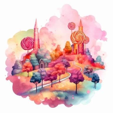 A clipart image on a white background of a colorful and vibrant cotton candy land is depicted in a childish and magical atmosphere. The image is made with soft and bright watercolors. It shows cotton candy clouds, rainbow-colored trees, and candy-coated mountains in the background. The foreground shows a pink and blue candy castle with a winding candy cane road leading up to it. The overall effect is fun, playful, and dreamlike.