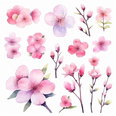 Step into a world of delicate beauty with a stunning cherry blossom landscape clipart collection. This set showcases watercolor sakura blossom PNG images, each meticulously crafted to bring forth the enchantment of these iconic flowers. The pink floral elements can be used to add a touch of elegance and romance to various designs, including wedding invitations, baby shower announcements, and more. Let the soft hues and intricate details of the sakura blossoms transport you to a dreamy landscape 