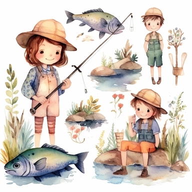 Watercolor boho fishing near a beautiful stream, illustrations clipart set, simple, soft colors, cartoon elements, different variants, cute little boy and girl fishing, separate elements with a margin