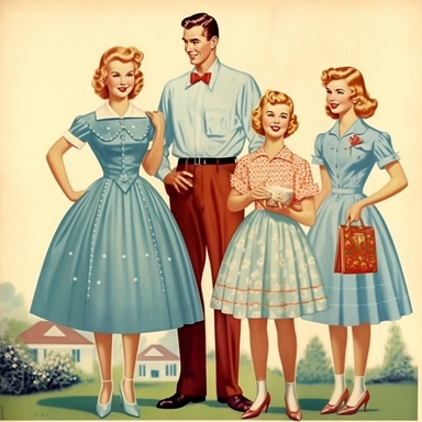 Vintage Illustration, A family of four, one man, one woman, and two children about 15 years old, cheesy 50s vintage clipart image by cynthia flanders, in the style of traditional costumes, photomontage, Full body view, whitcomb-girls, light indigo, gigantic scale, romanticized femininity, contrasting 8k