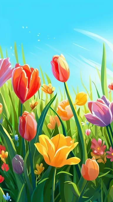 tulips on the grass with grass and spring flowers with blue sky on summer tulips vector clip art, in the style of chromatic landscape, nature-inspired art, high quality photo, bold and colorful graphic design, birds & flowers, nature inspired, pastel-colored landscapes