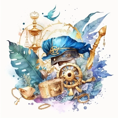 Clipart, golden counts and treasures, pirate style, blue watercolor, in the center of the image, white background , no mockup