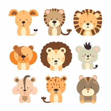 cute clipart of a [lion, giraffe, monkey, hippo], collage style, flat color, svg, rough shapes, silhouette, white background, few details