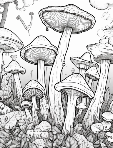 a clean coloring book page of a group of enchanted mushrooms, whimsigoth, witchcore, clipart, black and white