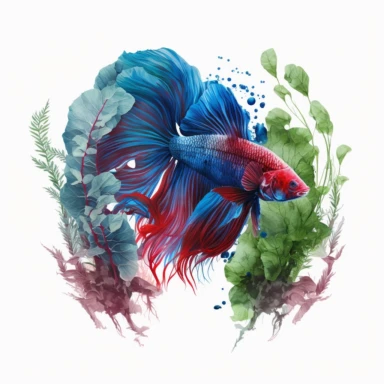 red and blue betta fish swimming in aquatic plants, light watercolor clipart, isolated on white background, Susan Harrison, no text, no captions