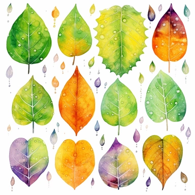 vibrant green texture leaf patterns, in the style of highly detailed illustrations, light violet and amber, smooth and polished, water drops, watercolor by Thomas W. schaller, clipart caffenol developing, transparent layers, eye-catching, white background