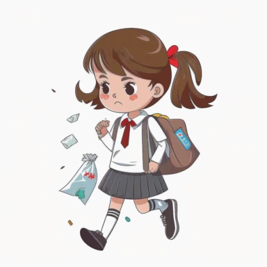 girl in school uniform eating and littering candy wrapper, walking, cartoon style, clipart, white background
