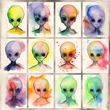 watercolor painting of many alien clipart many variants on one picture in different design