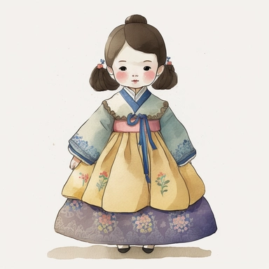 a cute little girl is wearing Korea traditional dress Hanbok. watercolor clipart, the skirt layers are designed to create a full and flowing silhouette, rainbow color jacket, The jacket worn by women in the royal family has long sleeves that are wide and 