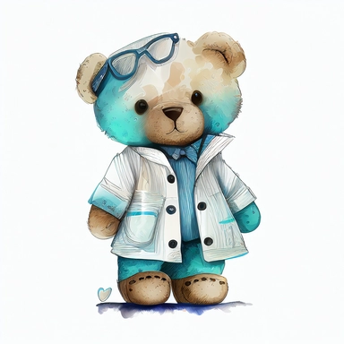 Cute blue teddy as a doctor in a white coat, handpainted, clipart, white background