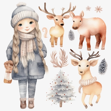Watercolor collection clipart winter elements snowflakes, kawaii reindeer, ice skating, scarf, neutral colors, no background