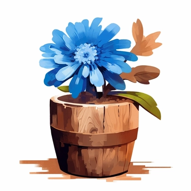 blue Flower inside a brown wood Pot Clipart in the style of oil painting, clean lines on a white background