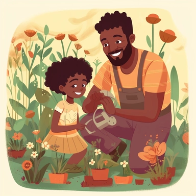 Gardening Buddies: Illustrate a clip art image of an Afro-American father and child gardening together, planting flowers or vegetables. This image symbolizes the father's role in teaching the value of nature, responsibility, and nurturing growth.
