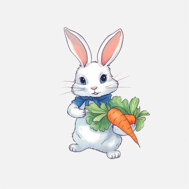 this is a clipart illustration with a bunny holding carrots, in the style of emotionally-charged brushstrokes, animated gifs, eiichiro oda, white and blue, lively action poses, soft and dreamy pastels, jan urschel,pure white background,tattoo sticker