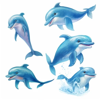 cute dolphin in different poses, clipart, illustration by joe chou, white background