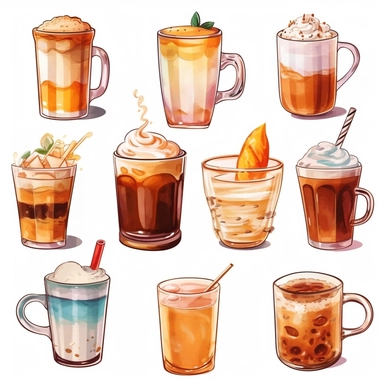 sticker sheet of different types of coffee mugs and two coffee machine, iced and hot coffees, latte art, different mugs, clip art set, watercolor, beige color scheme, cute ceramic mugs, ice latte with bobas inside, ice latte in a plastic cup with a straw