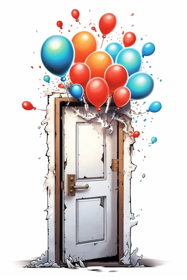 a booby-trapped door, rigged with a hidden trap of explosive charges and gas release, full, no cropping, drawing with broad strokes, in cartoony clipart style, white background, white border