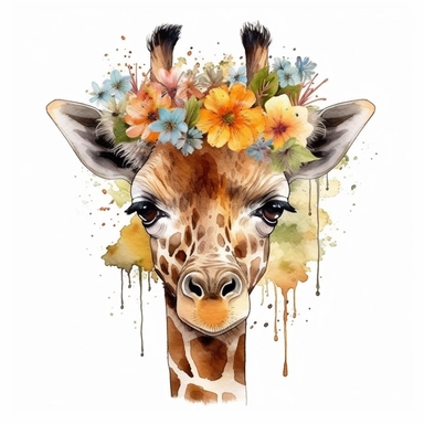 Nursery Print baby head giraffe flowers drawn in watercolor style, vector design, , Sublimation Clipart ,Cartoon,hyper realistic, intricate detail, illustration style,high solution,on the white background