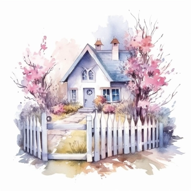 clipart, isolated on white background, beautiful cute Watercolor Spring Cottage - cute little house with fence and chimney, tree and flowers, ornated, pastel colors