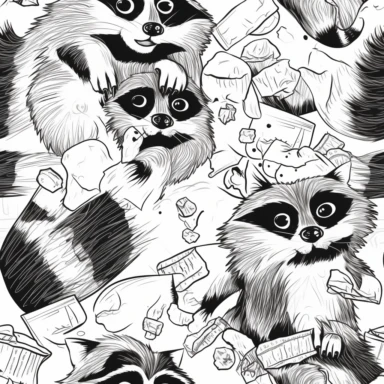 cartoon realistic raccoon eating trash, vector, black and white, clipart