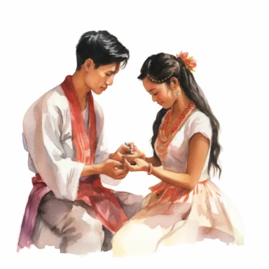 Asian bride and Indigenous groom, exchanging wedding rings, their hands intertwined, with an expression of commitment and devotion, watercolor, Pixar style, Clipart on a white background.