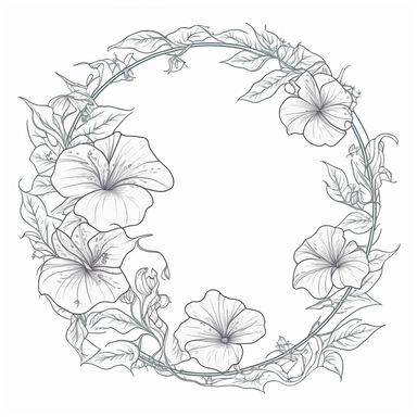 circle Botanical Frame, petunia, clipart, white background, continuous line