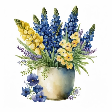 Watercolor, Blue Bonnets, Clipart, floral bouqet in a cute yellow vase, white background, no text, no caption