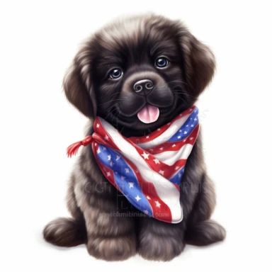 digital clipart, solid white background, a Newfoundland realistic cute happy little puppy wearing 4th July clothes and accessories