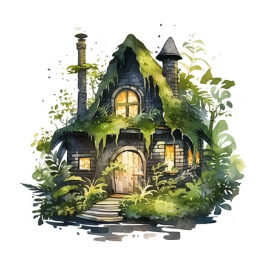 clipart of a dark goblin cottage in the deep forest surrounded by moss and fern, illuminated from inside, in the dark green and black, goblincore, fantasy, romantic, watercolor illustration, children book illustration, no splashing, high detailed, isolated on flat white background