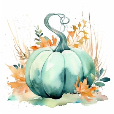 create a clipart of one watercolor pumpkin inspired by calming oceanic colors. Choose trendy shades like teal, seafoam green, coral, and sandy beige for each section of the pumpkin . Create gentle watercolor washes and incorporate subtle seashell or wave patterns to evoke a serene and coastal vibe