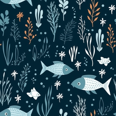 A captivating minimalistic pattern for a children's t-shirt design, capturing the beauty of an underwater realm. Serene fishes and elegant aquatic plants gracefully coexist, while a diver explores the depths with wonder. The design incorporates a predominantly light blue background, reminiscent of the tranquil ocean waters. Rendered in a minimalist clipart style, with simple shapes and soft hues, this t-shirt design exudes a sense of calm and simplicity, appealing to children who appreciate a cl