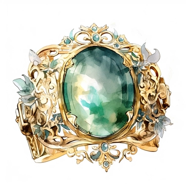 gold rococo ring with large emerald, watercolour painting , detailed , intricate white background. clipart