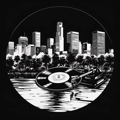 black and white t-shirt designs for Dj Bojkot vector sample with turntable , vinyl records, Los Angeles California backgrund white transparent clipart
