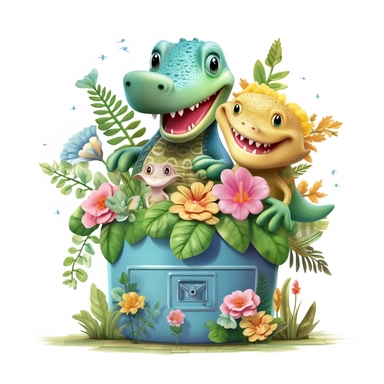 Capture a charming commercial moment with a beautifully detailed, ultra-realistic illustration of a lovable [little crocodrile and his parents] half hidden behind a pot of nice flowers, backgroundof a nice and floral farm, creating an endearing scene ideal for nursery-style clipart and baby room décor. Isolated on a clean white background, this highly-detailed, award-winning artwork