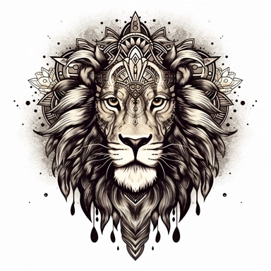 Design a majestic, black and white graphic tattoo that takes inspiration from the Persian 'shir-o-khorsheed' emblem. Feature a lion, standing fearless and calm, bathed in the glow of a radiant sun. The lion's features should be intricately detailed, a symbol of strength and authority. Ensure the sun's rays are bursting forth, giving the impression of a bright future and unfaltering optimism. Intertwine a Shamshir sword into the design, an emblem of courage and valor, perhaps held proudly by the 
