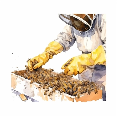 watercolor, A close-up view of a beekeeper's hands wearing protective gloves, holding a hive tool, as bees peacefully buzz around the beehive. (Digital drawing clipart, image black border color, full body, flat texture, transparent background)