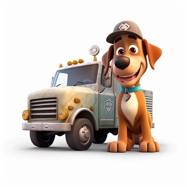 clipart, cartoon brown dog like a truck driver standing next to next to truck, cap on head, in the style of imax, playful and lighthearted compositions, childlike innocence and charm, uhd image, realistic and hyper-detailed renderings, movie still, utilizes, white background