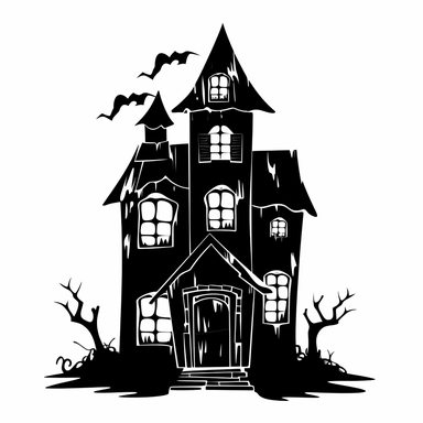 halloween haunted house clipart, black color, white background, minimalistic drawing