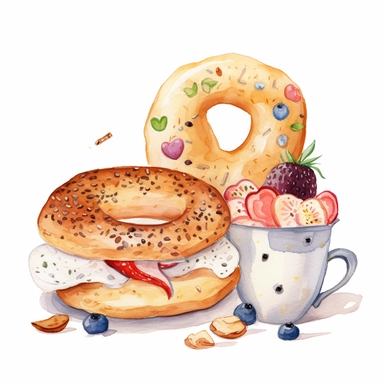 breakfast bagel, cottagecore, whimsical, folk illustration, white background, clipart
